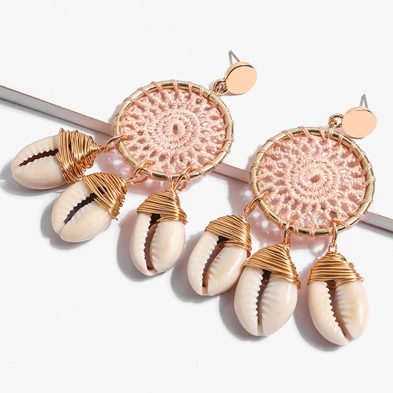 

Retro Metal Big Circle Dream Catcher Crochet Knit Women Conch Shell Drop Boho Earrings, 5 choices