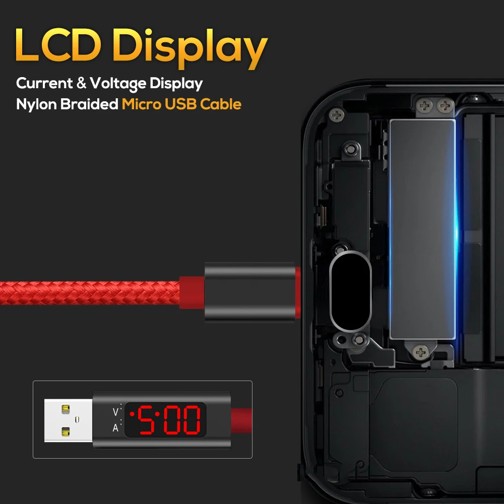 
Custom Logo AC27 1M Nylon Braided 2.4A LED Current Display Phone Charging Micro USB Data Cable 