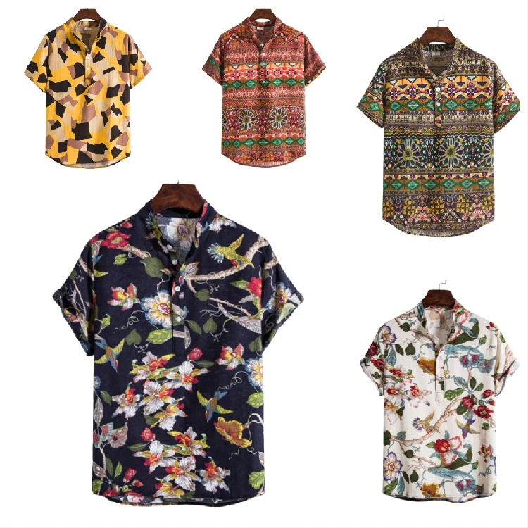 

Men's Hot Sale Plus Size Cotton and Linen Short Sleeve Large Size African new Patterns Collarless Shirts, Print as pics