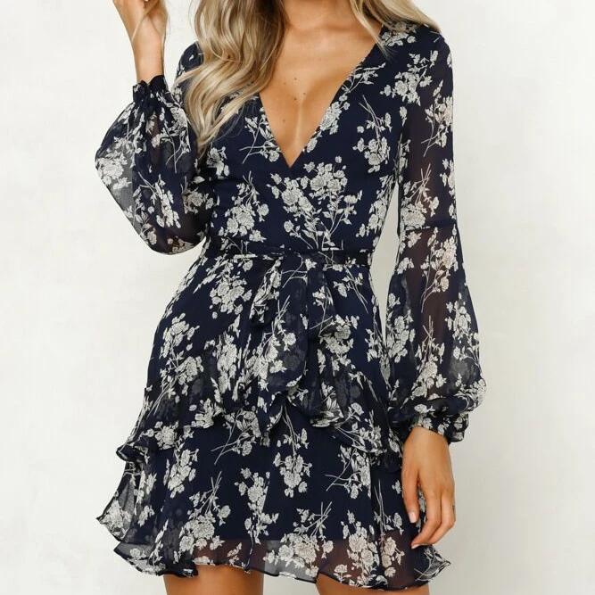 

2020 new arrivals summer design deep V neck long sleeve women flower medi dresses floral printed casual dresses