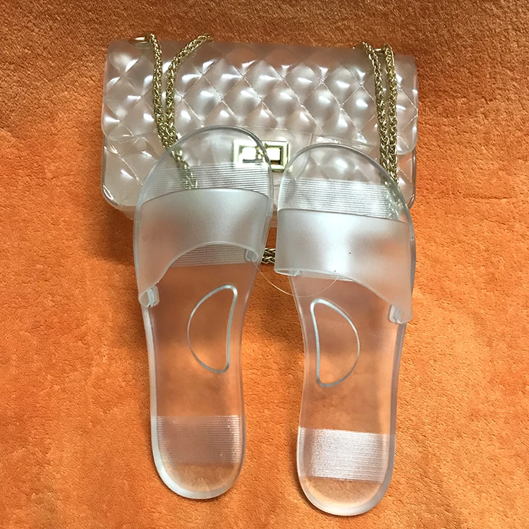 

Top Women Slides Matching Shoe And Handbag Full Set Design Ladies Jelly PVC Transparent Handbags Girl Chain Shoulder Bags