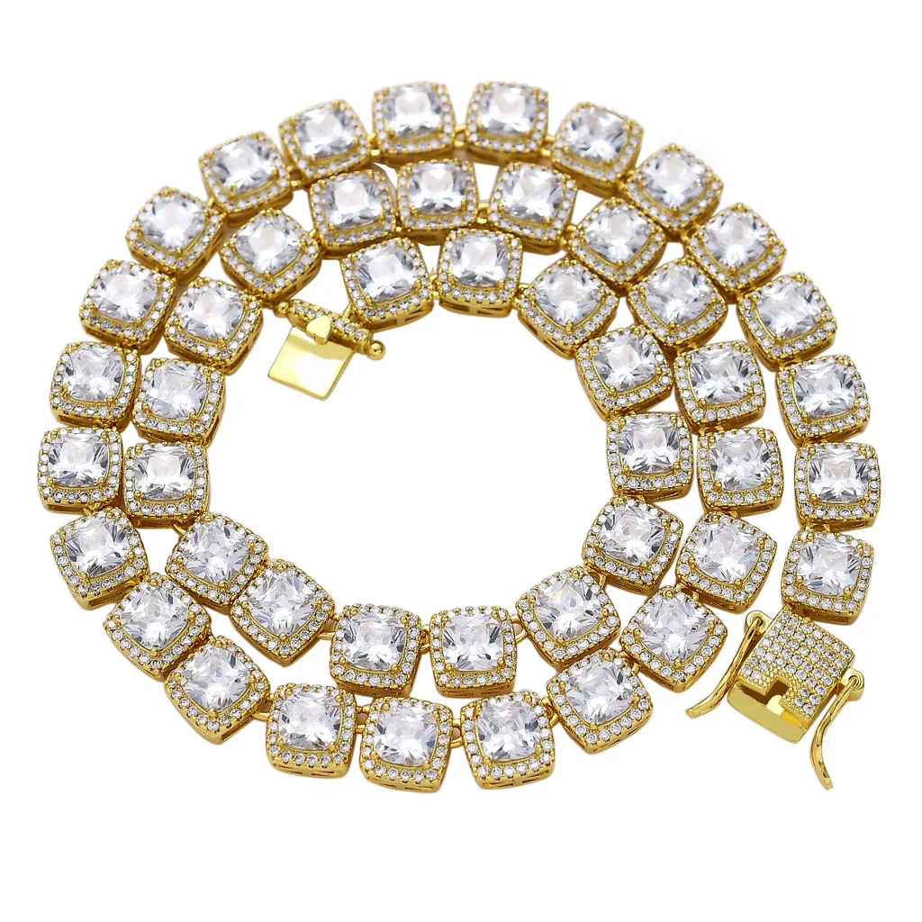 

New Hip Hop 18K 10MM Square Zircon Bling Chain Necklace Iced out Cubic Zirconia CZ Square Link Bling Tennis Chain Necklace