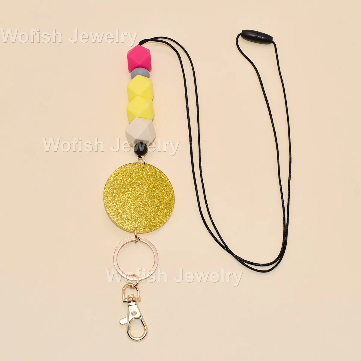 

Wofish New Create Designs Yellow Silicone Beads With Golden Glitter Blank Acrylic Disc Monogram Lanyard Keychain