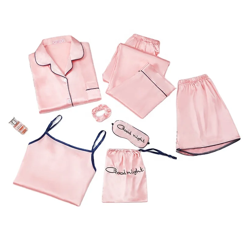 

Wholesale ladies silk satin printed pajamas 7-piece long-sleeved home wear pajamas ladies pajamas set