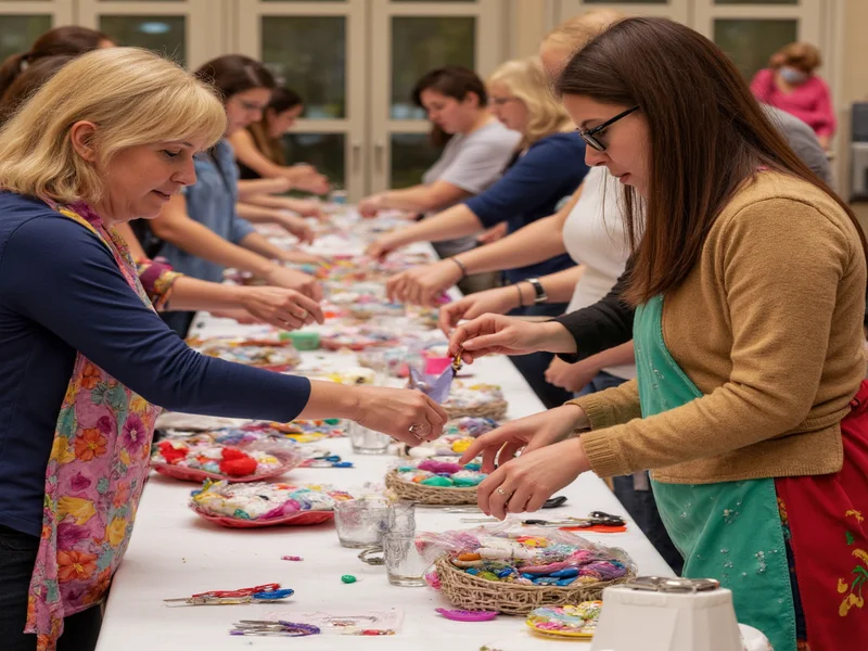 Guests exchanging craft supplies at community swap table