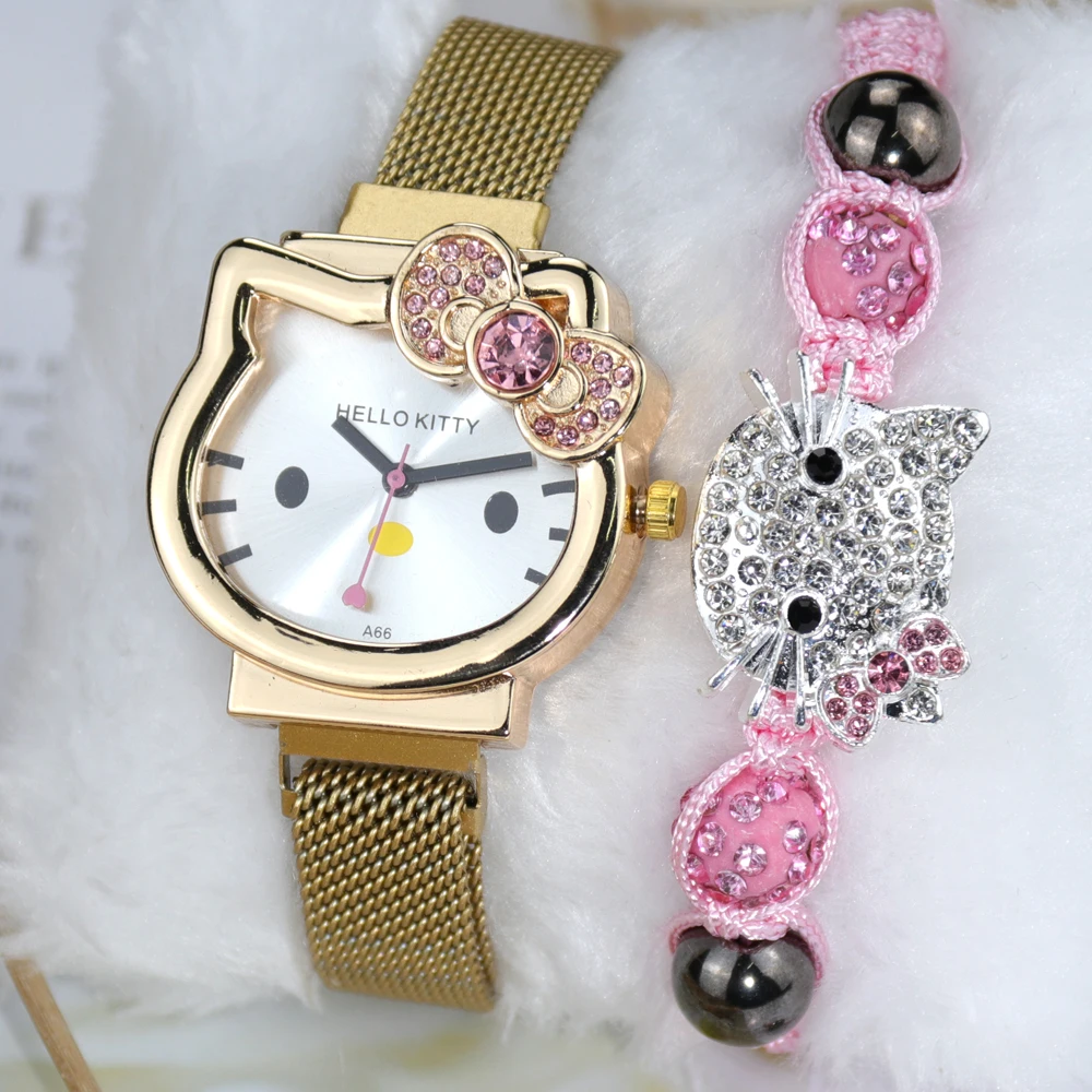 

Hello Kitty cute cartoon Children Watches +bracelet set Magnet Buckle Metal Milano Strap Kids Watch For Gift Rose Gold Clock