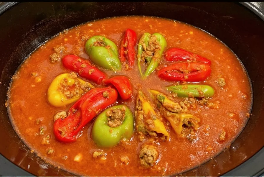 Crock pot filled with vibrant red and green stuffed pepper soup showing tender bell peppers and ground beef in rich tomato broth
