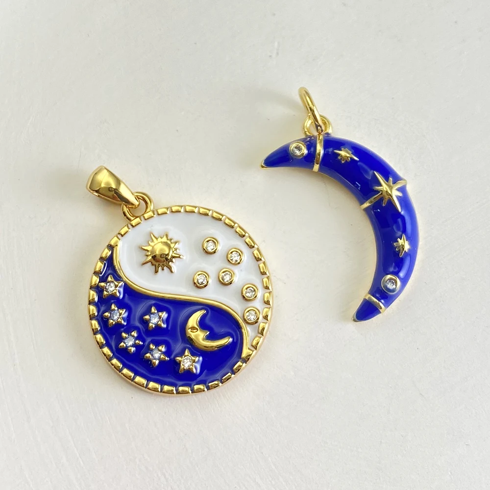 

Fashion Blue White Enamel Charms Gold Blue White Enamel Sun Star Crescent Moon Shape Pendants For Necklace