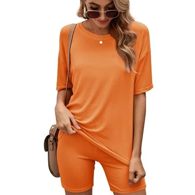

2021 Women's Pure Color Short Sleeve With Shorts Casual Sports Home Two-piece Set