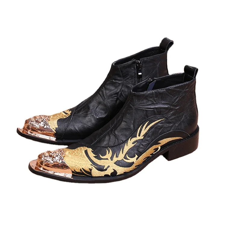 

NA057 Luxury Italian Design Black Dragon Embroider Military Boots Chunky Heel Cowboy Boots Man Motorcycle Dress Wedding Shoes, As the picture