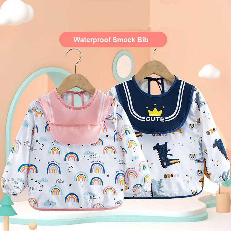 

Waterproof Printing Toddler Baby Feeding Eating Long Sleeve Smock Clothing Apron Bibs With Crumb Catcher Pocket