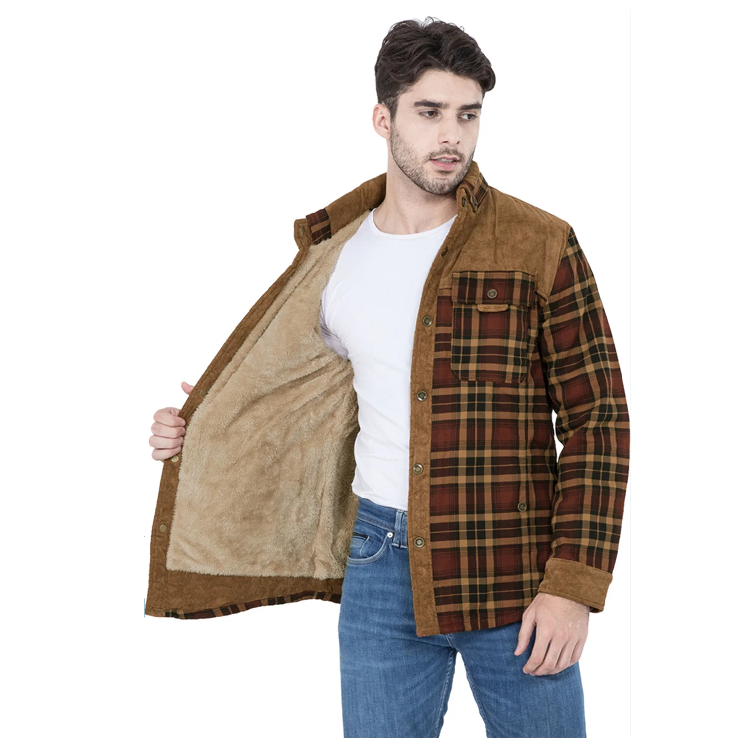 

Outdoor Windbreaker Plaid Corduroy Patchwork Mens American Plus Size Jacket With Flannel Fleece