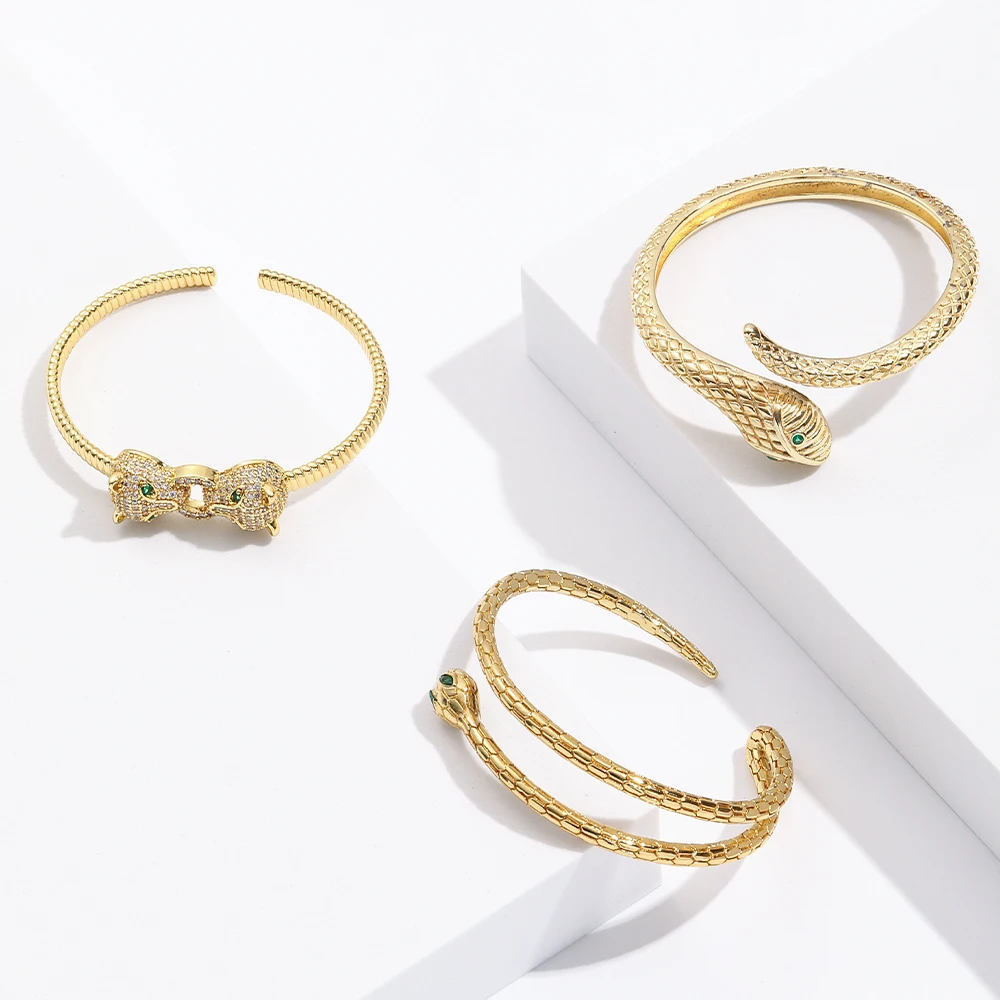

American Fashion Copper Cubic Zircon Opening Cuff Adjustable Snake Bangle Jewelry For Women Best Gift, Gold