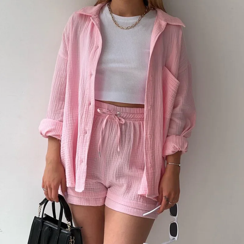 

S-2XL new solid color wrinkled fabric sets long sleeved shirt + high waist drawstring shorts casual suit two piece Women Sets