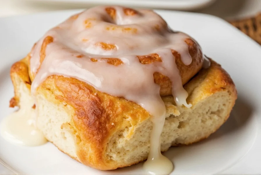 Rouleaux à la cannelle Trader Joe's fraîchement cuits avec glaçage fondu sur assiette en céramique blanche