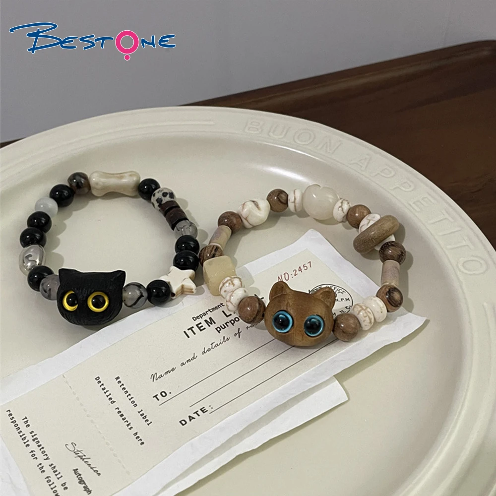 

BESTONE Retro Wood Ceramic Bone Cat Elastic Bracelet Blogger Same Style Couple Cartoon Bracelet