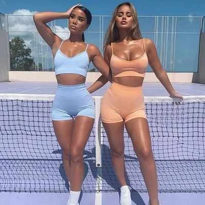 

women custom logo ombre seamless yoga set high quality sportive bra crop top biker shorts workout sets
