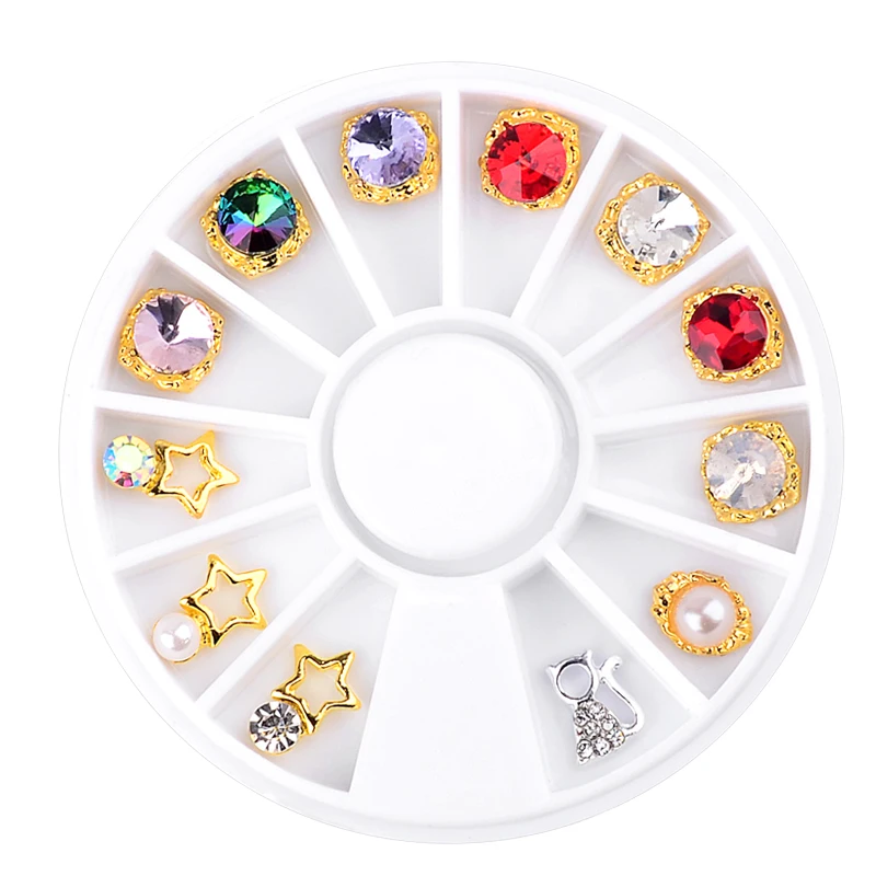 

12pcs/Box Colorful Creative Alloy Pearl Star Cat Design Nail Art Decoration Wheel 3D Charm DIY Nail Rhinestone Accessories