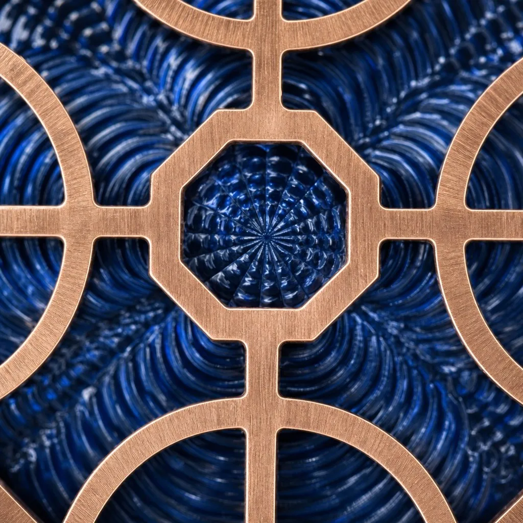 Rose Gold Octagonal Mandala Openwork and Cobalt Guilloche Texture