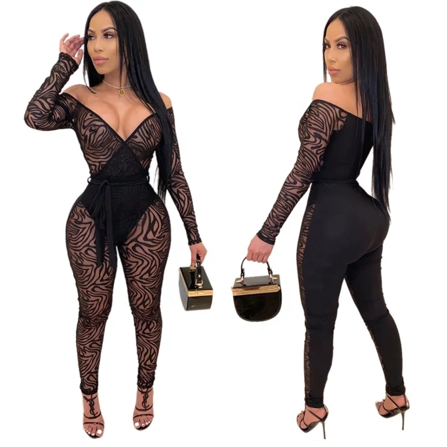 

B52749A New product women sexy see-through off shoulder skinny jumpsuit, Black