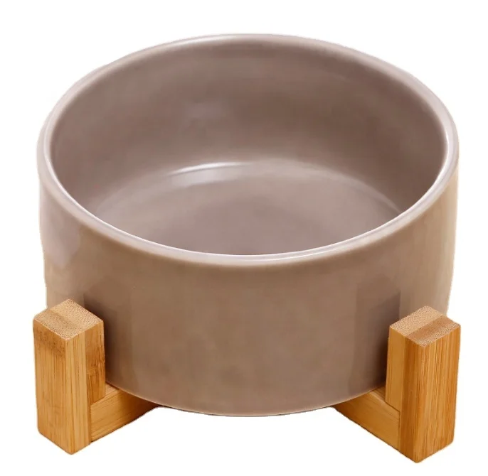 

Hot sale simple style ceramic dog bowl with bamboo frame thickened pet ceramic bowl