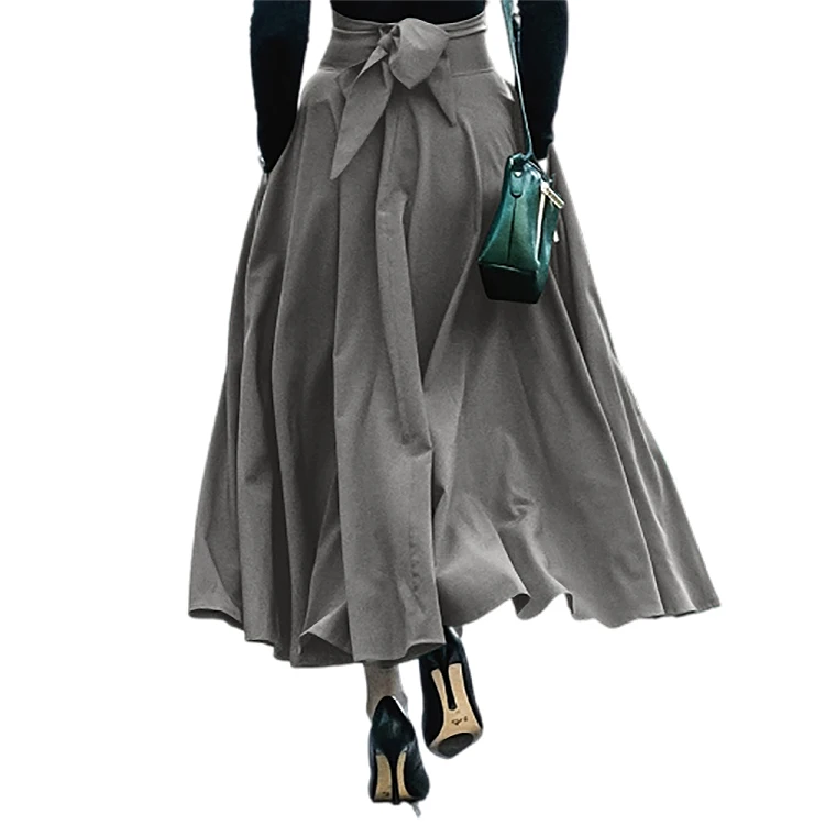 

Women's Slit Long Maxi Bow Plus Skirt Solid Color Elegant Bow Belt Skirt Vintage Ladies Fashion Pockets Pleated Flared Skirts, Print or customized