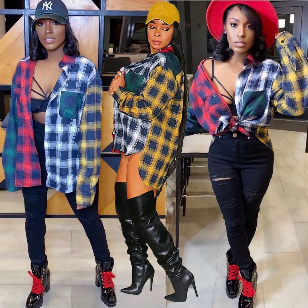 

Women's Spring Fall Casual Color Block Plaid Long Sleeve Button Up T Shirt Shirts And Tops Woman Blouses Women Button Up Blouse, Yellow