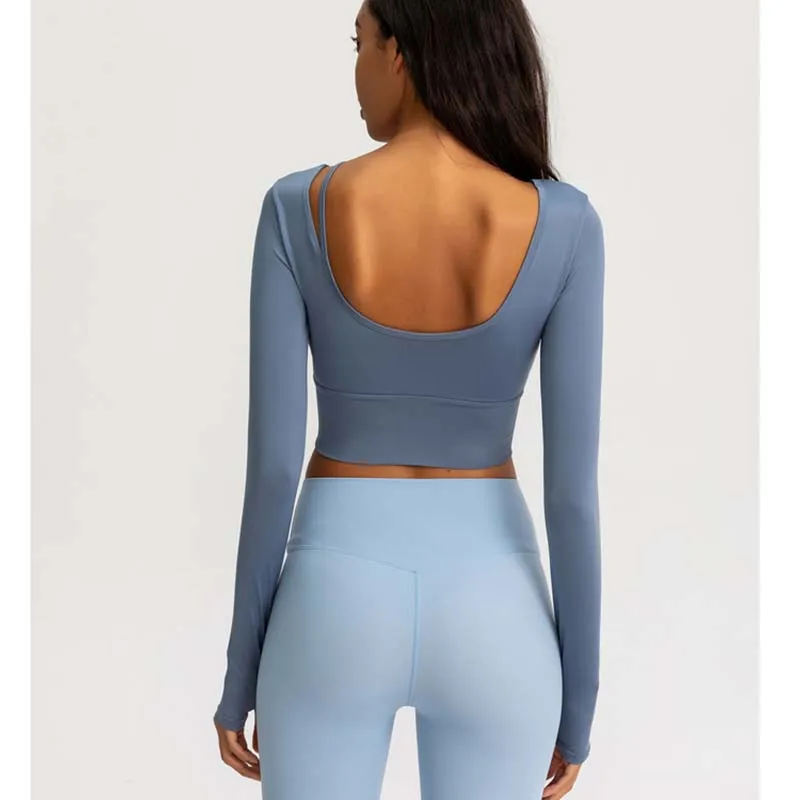 

Women Long Sleeve Workout Fitness Crop Top Tight Sport Gym Yoga Shirts With Chest Pad Running Clothing