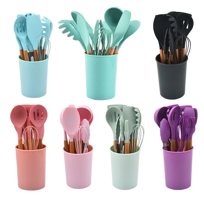 

Amazon Household Hot Sale Silicone Kitchenware 12pcs Silicone Kitchen Utensils Set With Wooden Handle