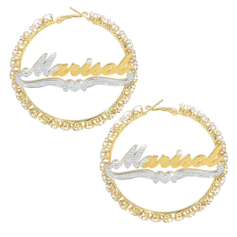 

Gold Alloy Hip Hop Sexy Custom Women Name Plate Zircon Wholesale Two Color Customized Name Hoop Name Earrings