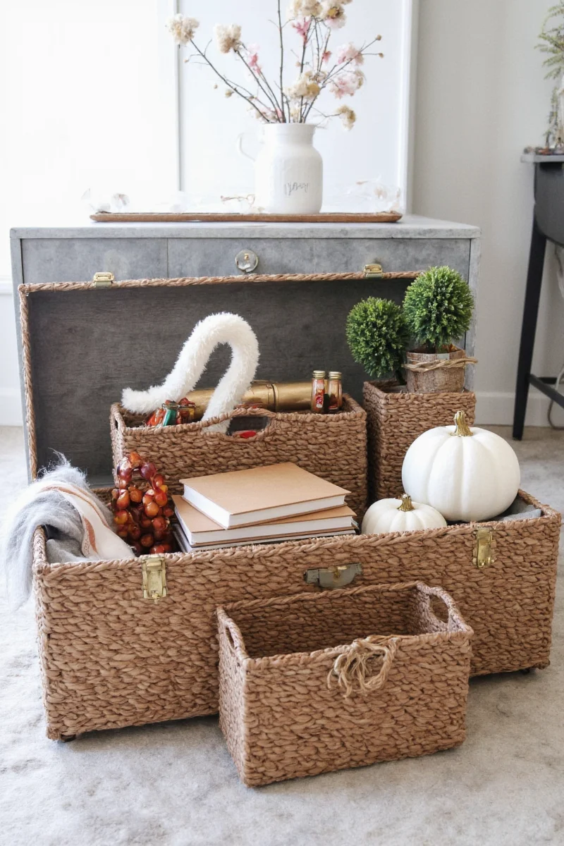 Trunk used as bedside table in a family bedroom