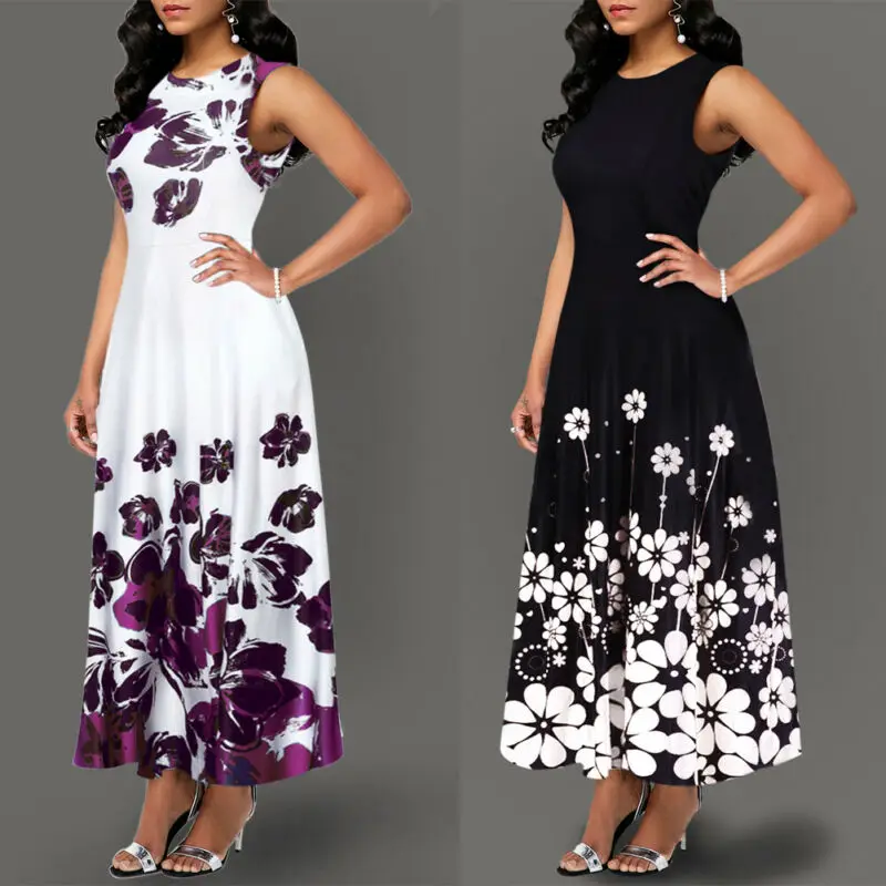 

Large Size Elegant Women's Floral Print Maxi Evening Party Beach Dress Summer Sleeveless Long Flower Sundress Costume