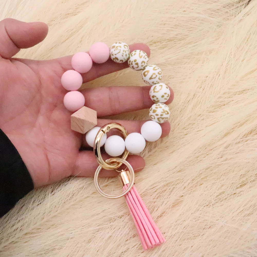 

Handmade Spring Gold Print Silicone Beads Keychain Wristlet Bracelet with Tassel