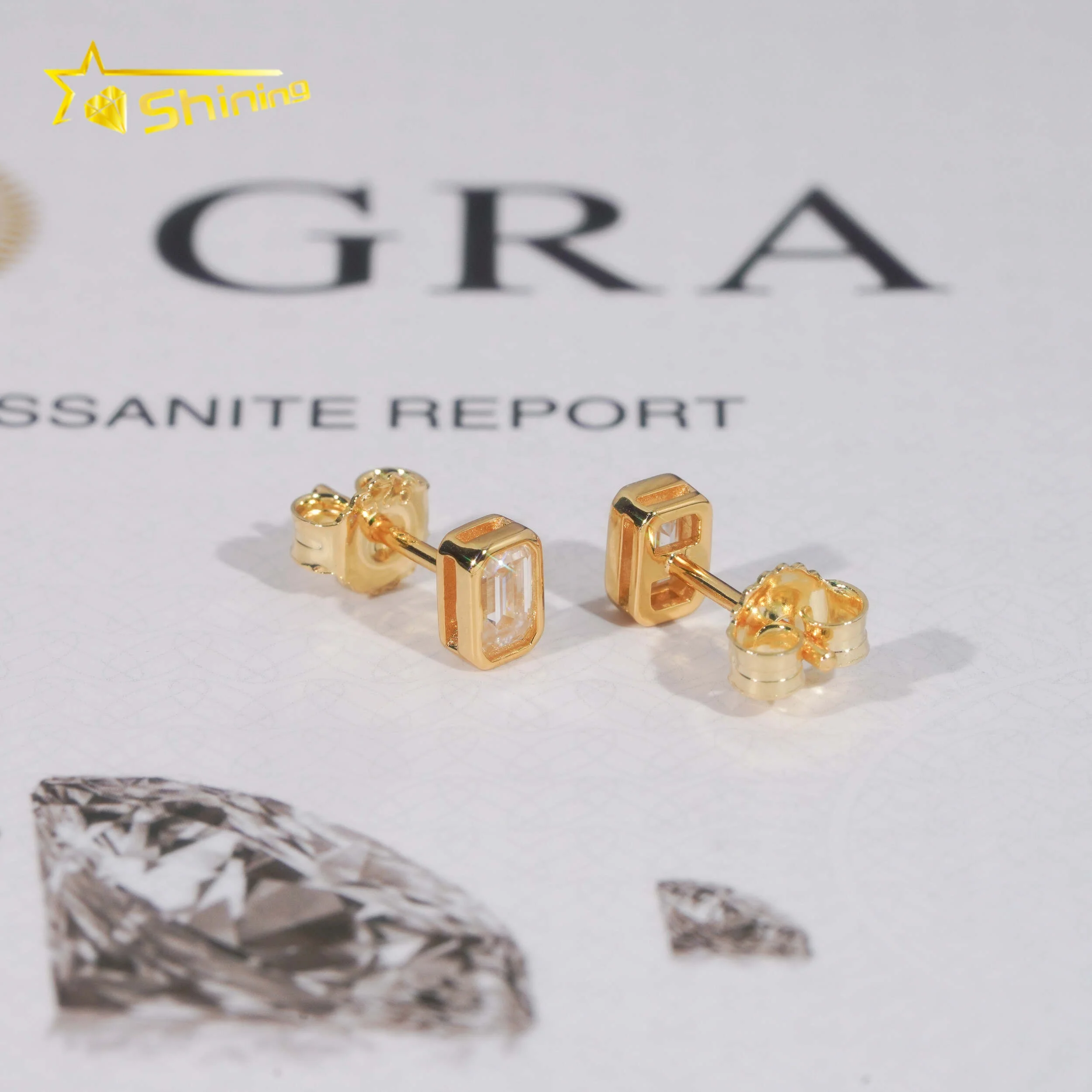 New Arrival Hip Hop Gold Plated Bezel Setting Emerald Cut Moissanite 925 Silver VVS Diamond Earrings