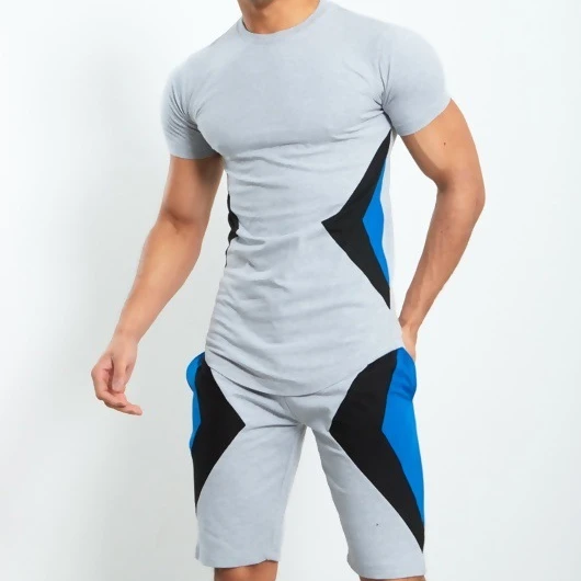 

Casual running sports suit contrast color short-sleeved sweatsuit mens 2 piece set shorts