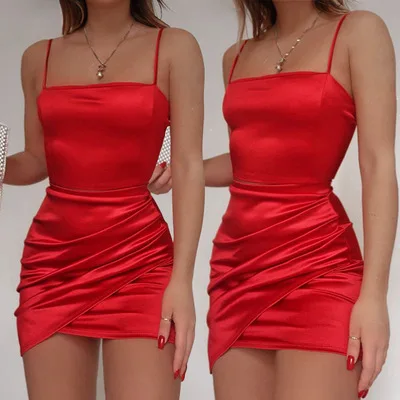 

Solid Color Satin Party Club Sleeveless Female Temperament Dresses Sling Folds Bodycon Pellover Sexy Dress Women Spring Summer
