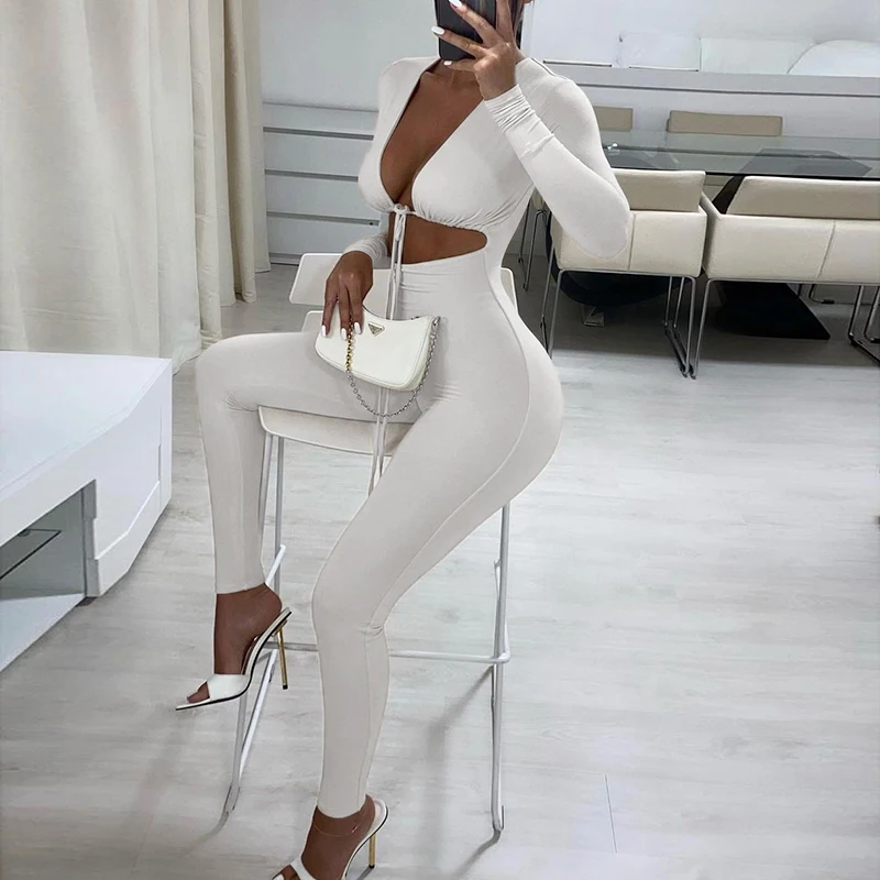 

Sexy Hollow Out Sporty Jumpsuit Women Long Sleeve V-Nech Solid Color Bodycon Autumn Jumpsuit Female Casual