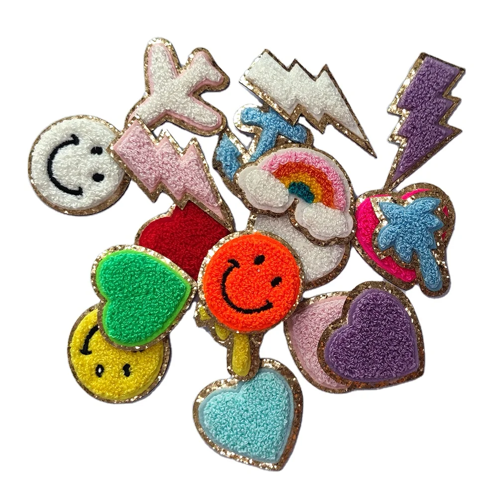 

New Original&Arrival Custom Colorful Embroidery Glue Stick Iron on Plane/Anchor/Palm Tree/lightning/smiley/heart Sticker Patches