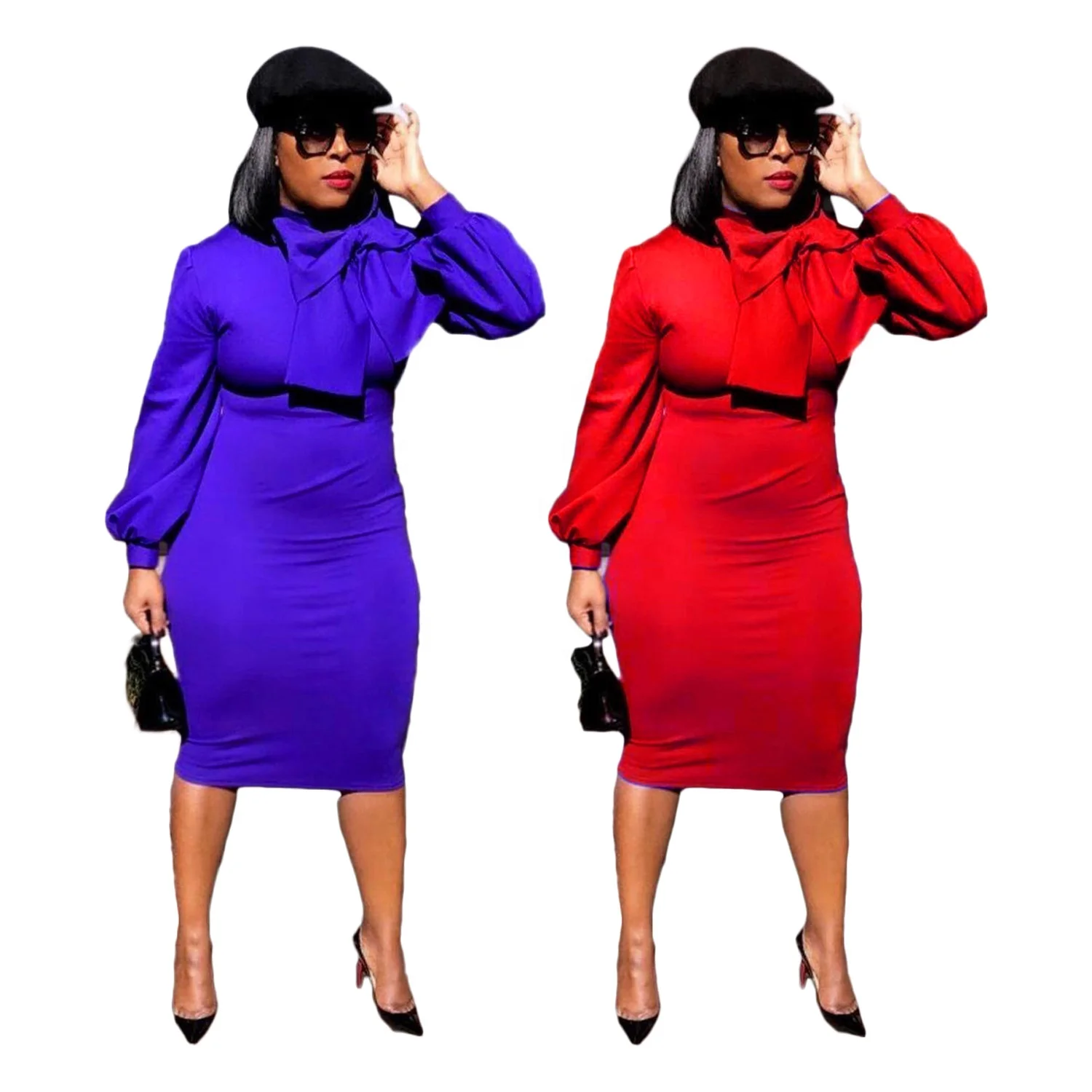 

DLL ATE-D108T Long Sleeve Midi Bow Western Plus Size Office Maternity Dress for Female Women, As picture or customized make