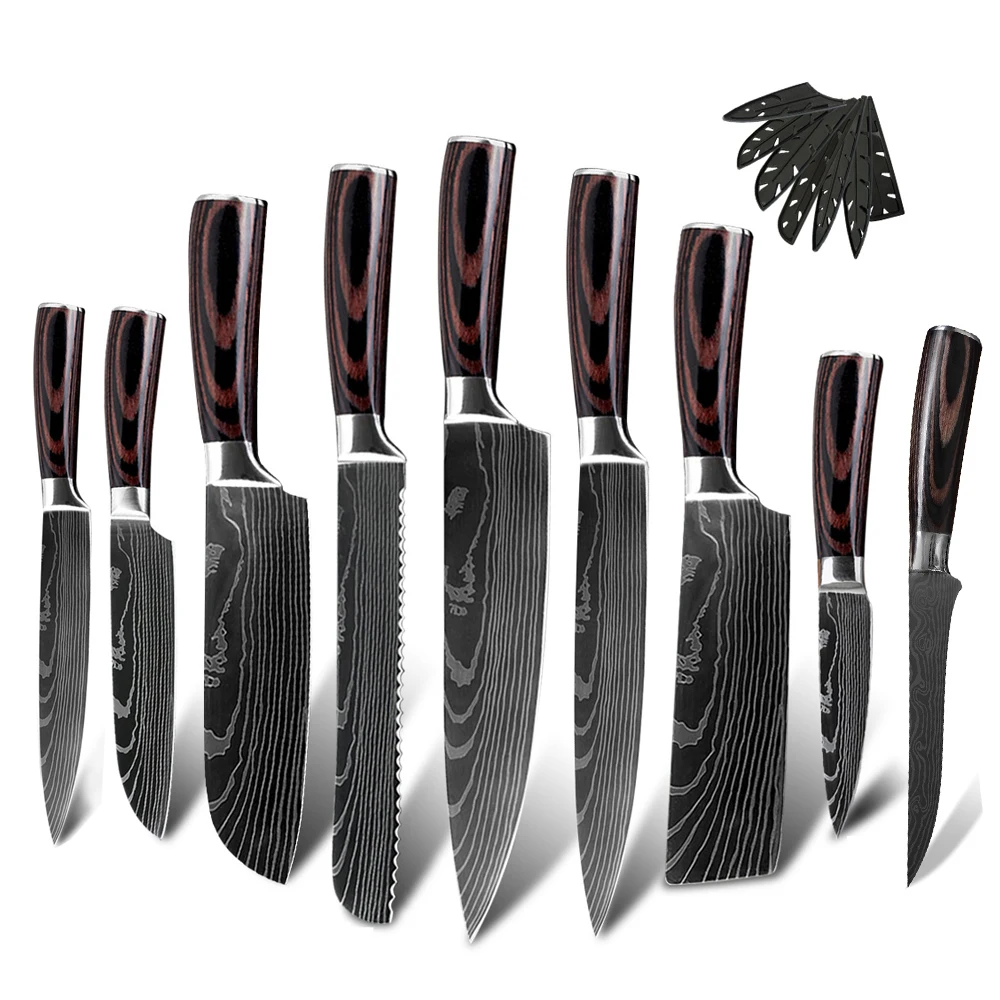 

9pcs Wood Handle Damascus Pattern Cutlery German X70crmov17 High Carbon Stainless Steel Cleaver kitchen knife Chef Knife Set