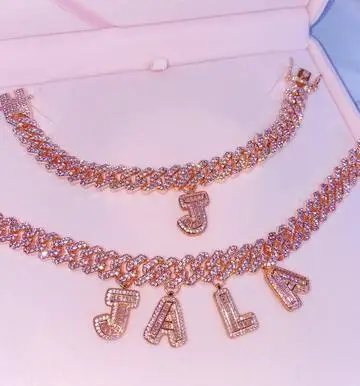 

Custom Pink Name Cuban Link Chain Bracelet Necklace Initial Baguette Name Necklace, As the picture shown