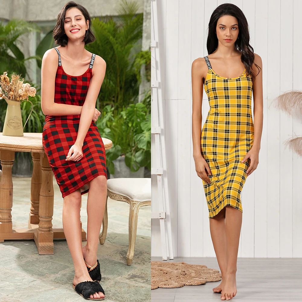 

Red plaid waffle girls ladies soft pajama sleeping suit clothes hot sex nightgowns sleepwear sleep dress pyjamas for women, Red, yellow