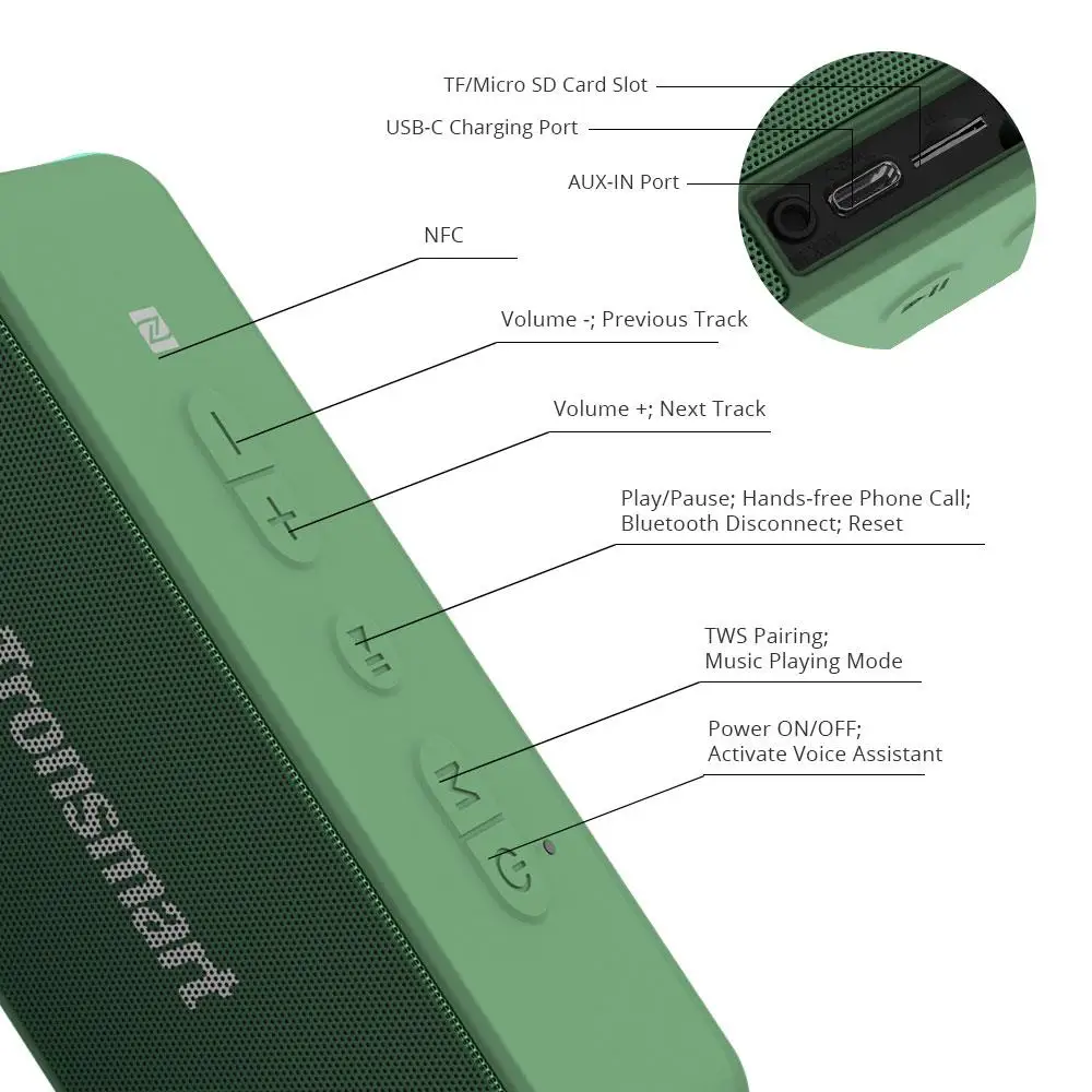 Tronsmart Element T2 Plus Portable Bluetooth 5.0 Speaker IPX7 Waterproof NFC Speakers 15H Playtime with Voice Assistant - ANKUX.COM