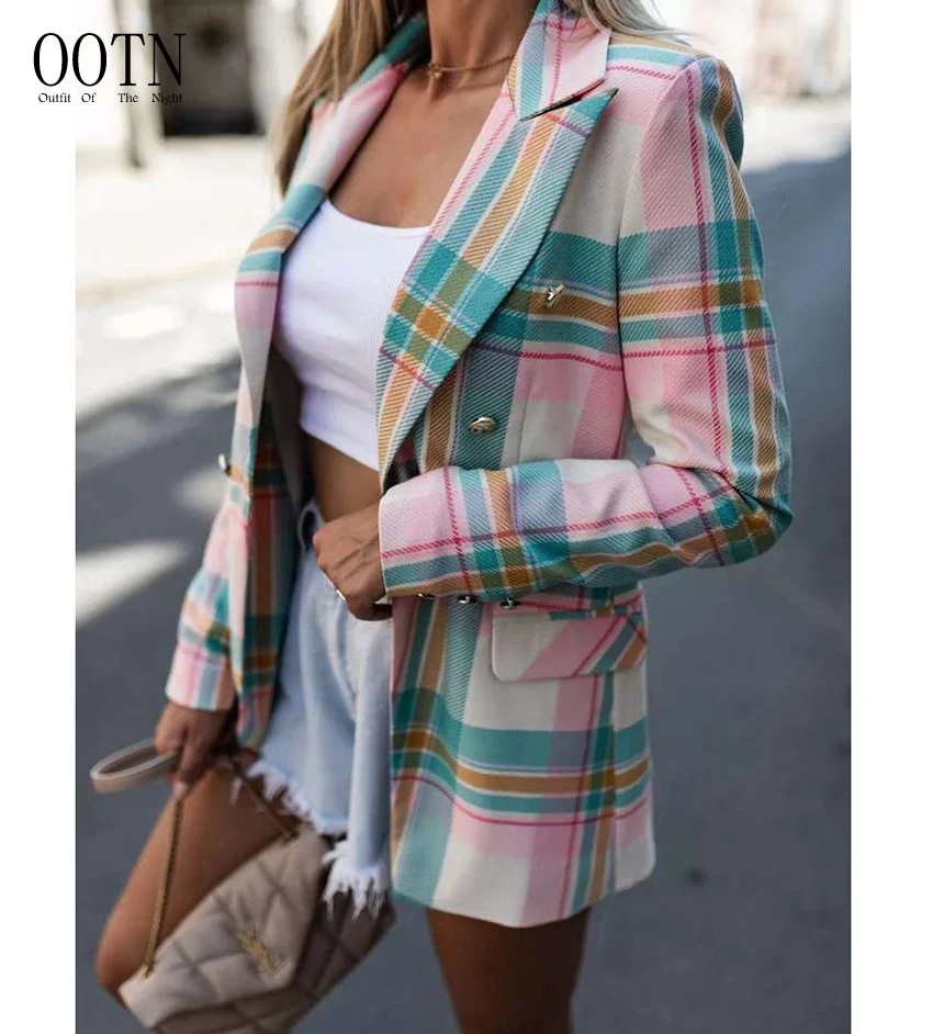 

OOTN 2021 Women Spring-Autumn Vintage Tweed Suits Jackets Office Ladies Chic Slim Blazers Girls Plaid Blazer