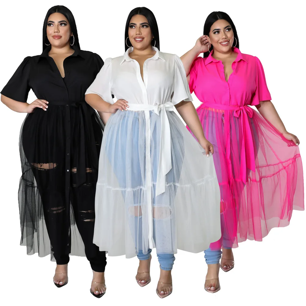 

2022 Plus Size Spring Women Clothing Solid Color Mesh Bandage Ladies Dress Blouse Short Sleeves Women Plus Size Tops Dress, Black/white/rose red