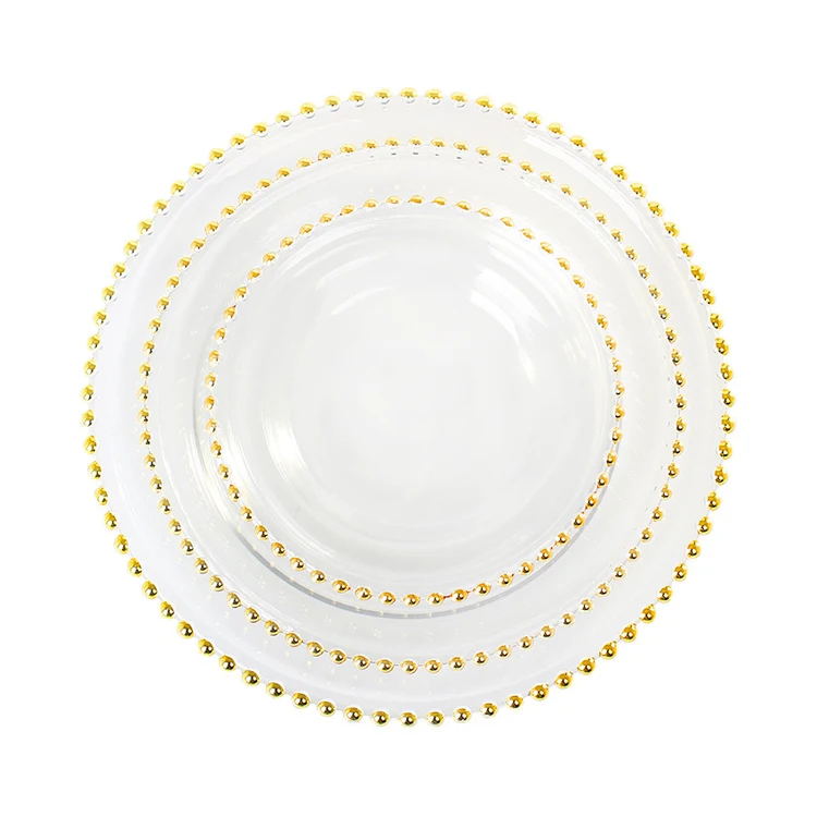 

8/10/13 Inch Gold Beaded Charger Plates Clear Round Glass Dessert Dishes Under Dinner Plates Sets for Wedding Party Decor, Gold, or customized