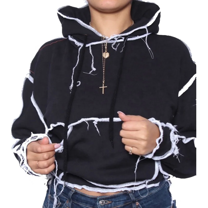 

Hoodie Pink Black Gray Contrast Stitch Women Pullover Sweatshirt