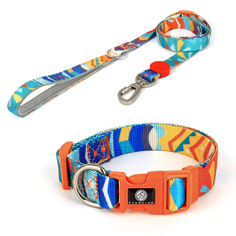 

pet leash set nylon double sides print wholesale customized dog leash and collar