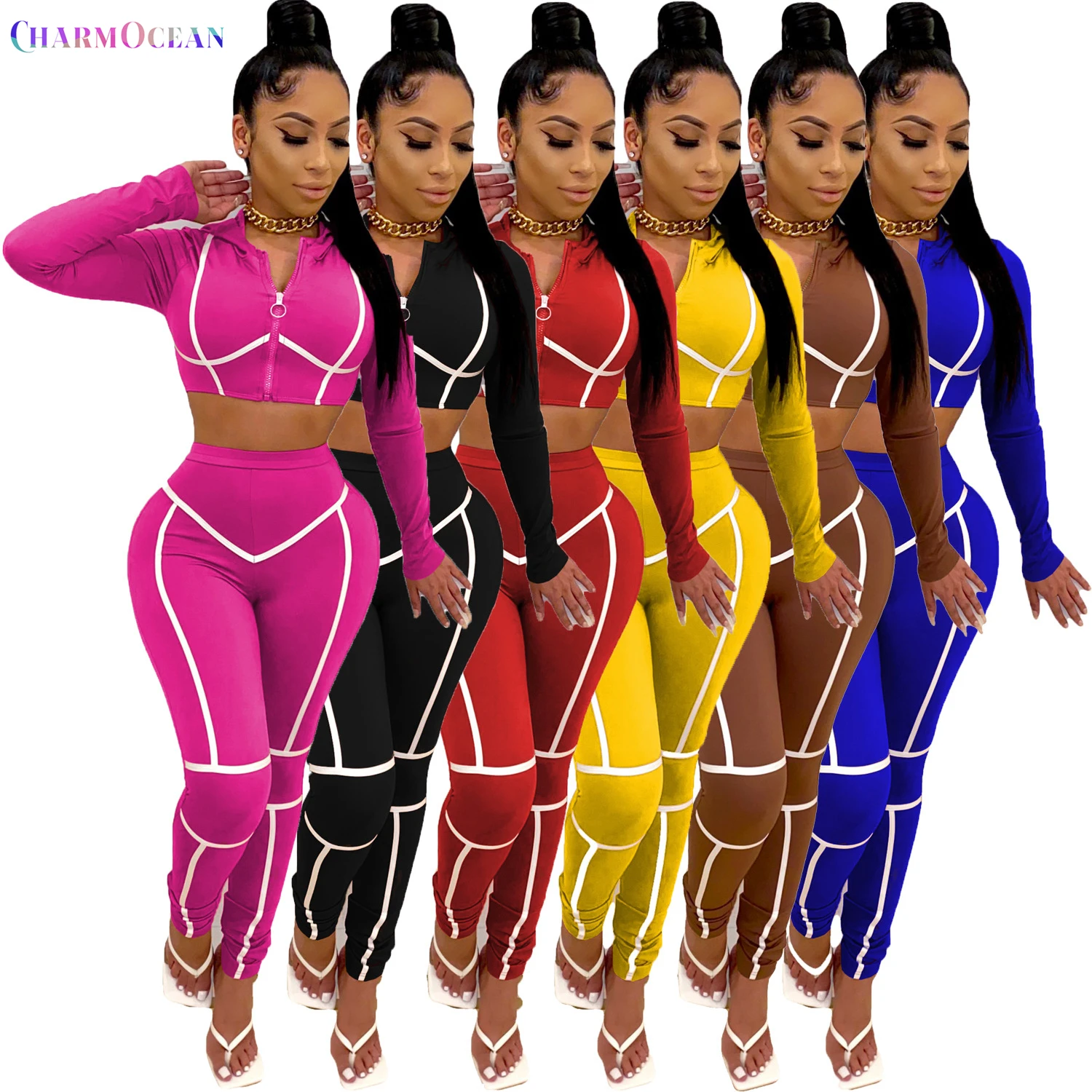 

Free Shipping C09396 - women new fashion long sleeve crop top and pants bodycon outfit