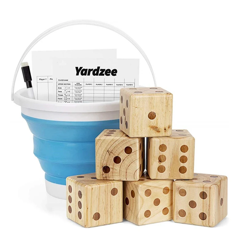 

3.5" Wooden Yard Dice with bucket Set for Outdoor Fun Barbeque Picnic Giant Wooden Game Dice Set